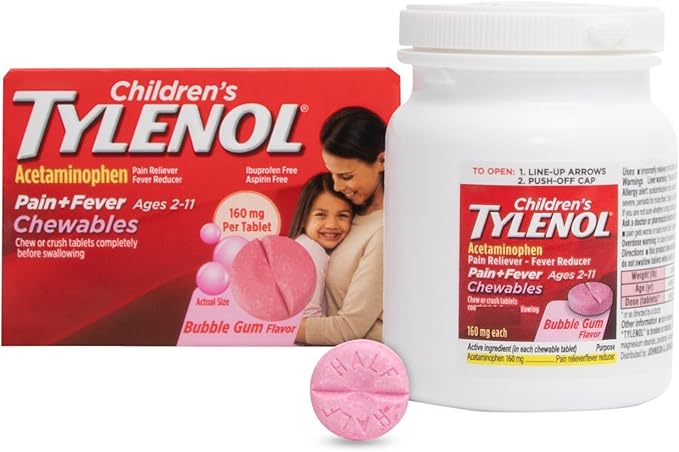 Children's Tylenol Chewables with 160 mg Acetaminophen, Pain Reliever & Fever Reducer for Kids' Cold + Flu Symptoms, Headache, Sore Throat & Toothache, Aspirin-Free, Bubble Gum, 24 ct