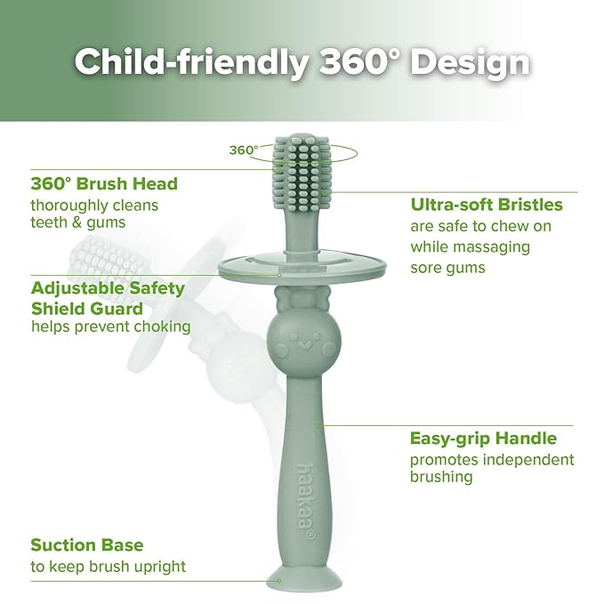 haakaa 360° Baby Toothbrush with Suction Base - Gentle Cleaning for Infant Self-Brushing Training, Food-Grade Silicone, Adjustable Safety Shield - Pea Green (1 Piece)