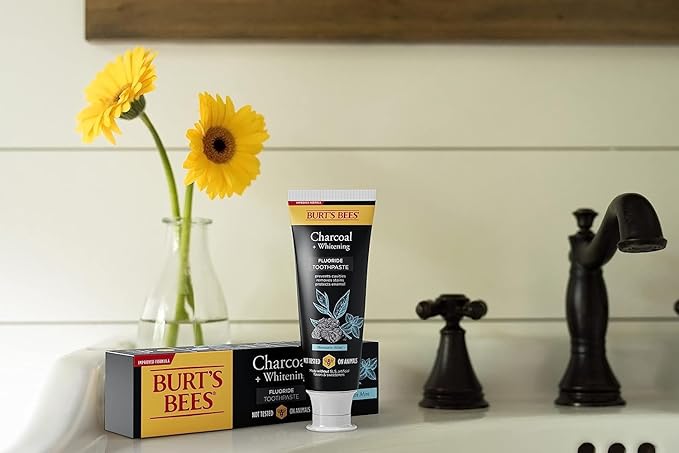 Burt's Bees Toothpaste, Natural Flavor, Charcoal with Fluoride Toothpaste, Mountain Mint, 3 x 4.7oz