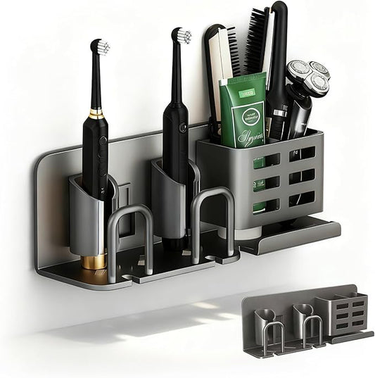 Aluminum Wall Mounted Bathroom Organizer (Black) - Self-Adhesive Toothbrush Holder for Toothpaste, Cups, Combs & Dental Supplies