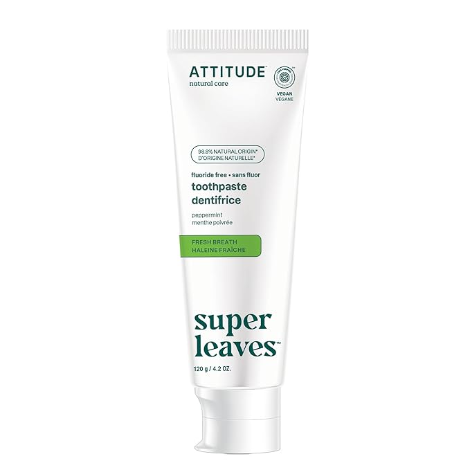 ATTITUDE Fluoride-Free Fresh Breath Toothpaste, Peppermint Flavor, Vegan & Cruelty-Free, Sugar-Free, Plant & Mineral-Based Ingredients, Clean Oral Care, 4.2 Oz