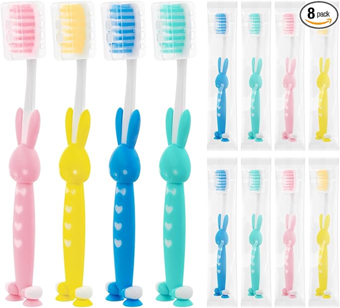 Kids for Toothbrushes In Bulk, Individually Wrapped Toothbrush Cute Manual Soft Bristles Children Disposable Toothbrush With Cover Suction Cup Toddler Toiletries Set for Home/School/Travel (8 Pack)