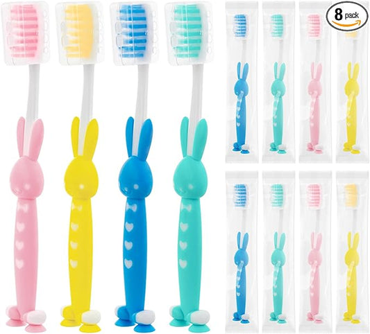 Kids for Toothbrushes In Bulk, Individually Wrapped Toothbrush Cute Manual Soft Bristles Children Disposable Toothbrush With Cover Suction Cup Toddler Toiletries Set for Home/School/Travel (8 Pack)