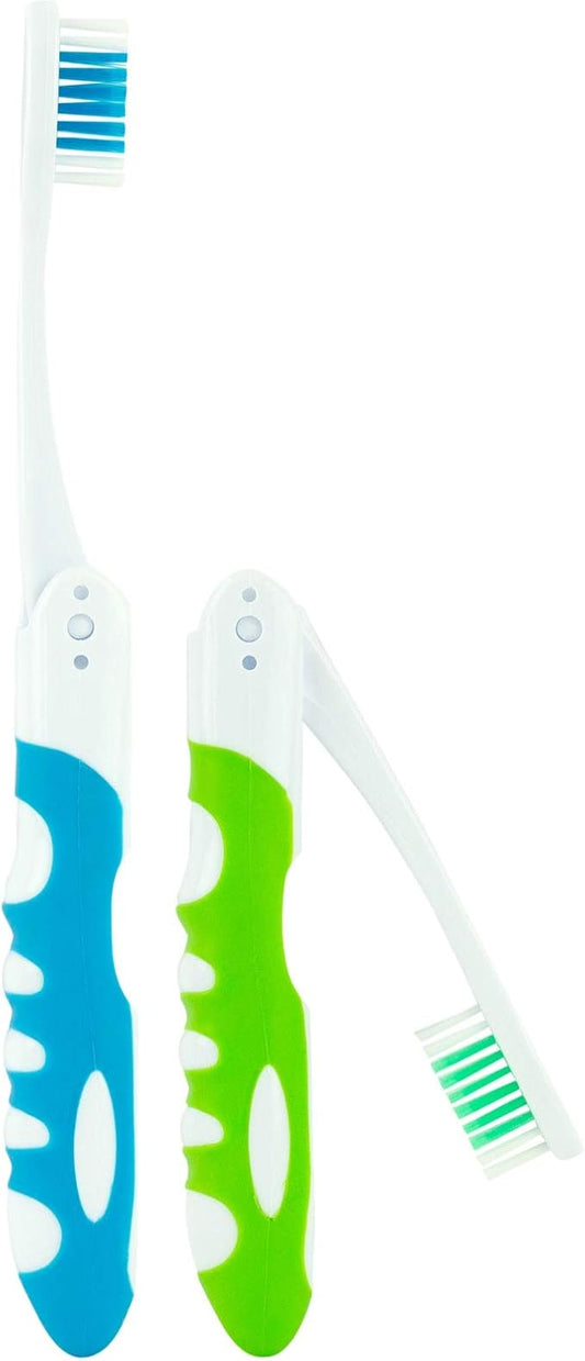 Lingito Travel Toothbrush, Folding with Built in Cover, Hiking, Camping, Emergency, Packable, collapsable, Foldable, Pocket Medium Bristle Brushes (2 Pack) (Blue-Green)