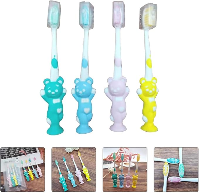 HOMOCONO 24pcs Bear-Shaped Toothbrush Soft Bristles Ergonomic Handle for Oral Care Pink Green Blue Yellow Comfortable Grip for Boys
