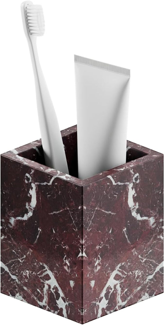 Marble Toothbrush Holder – 4.1" Genuine Stone Bathroom Cup for Makeup Brushes, Pens & Utensils | Natural Marble Organizer for Vanity, Countertop & Home Décor (Rosso Lepanto Red)