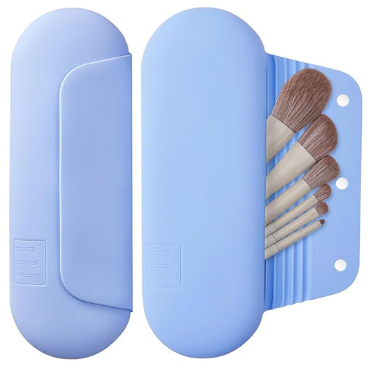 Silicone Makeup Brush Holder Travel Cosmetic Bag：Soft Portable Cosmetic Face Brushes Holder with Upgrade Anti-Fall Out Magnetic Closure, Large Travel Makeup Brush Case - Blue
