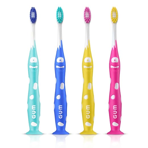 GUM Monsterz Jr Kids’ Toothbrush, Soft Bristled Children’s Toothbrush with Suction Cup, for Ages 5+, 1 Count(Pack of 6)