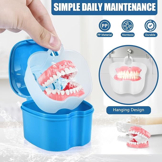 Light Blue Denture Bath Case Cup Box Holder Storage Container with Denture Cleaner Brush Strainer Basket for Travel Cleaning