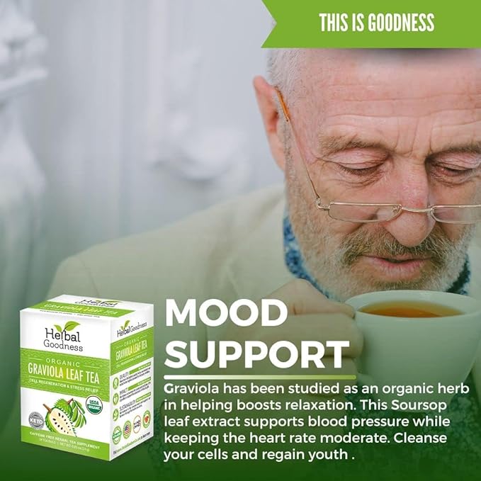 Graviola Leaf Soursop Tea - Organic Soursop Leaves | Hoja de Guanabana Leaves | Cell Support & Regeneration, Calm Relaxation - Caffeine Free - 24 Tea Bags - Herbal Goodness