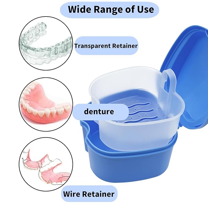 2pcs Denture Bath Retainer Case, Dentaure Cups for Soaking Dentures with Strainer Basket Tray,Compact and Pportable Design, Suitable for Traveling (Light Blue+Purple)