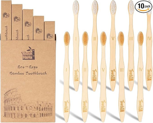 Bamboo Toothbrushes for Adults, BPA-Free Soft Tapered Bristles, Eco-Friendly Natural Organic Wooden Toothbrush, 10-Count Toothbrushes Travel Set