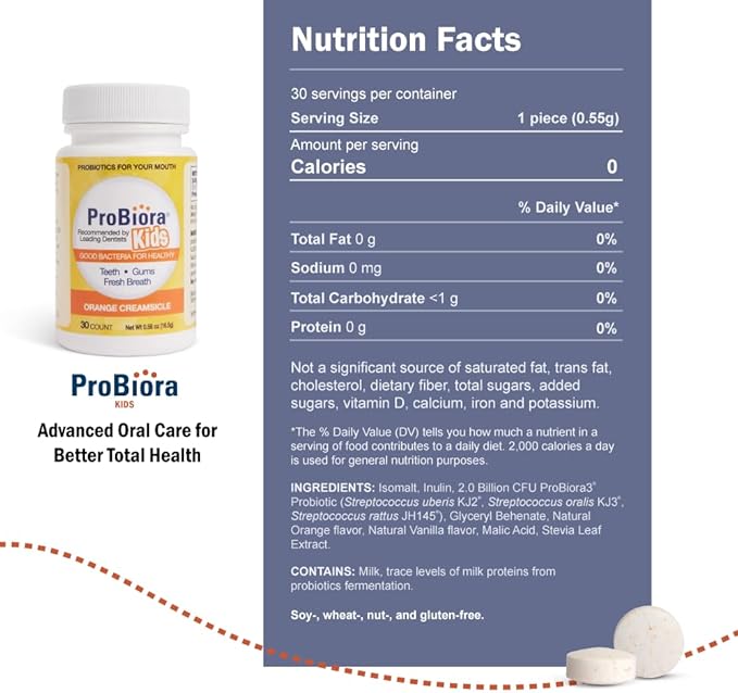 ProBiora Kids Oral-Care Chewable Probiotic Tablets | Probiotic Supplement Designed Specifically for Kids | Healthier Teeth & Gums | Fresher Breath | Whiter Teeth (30 Count, Orange)