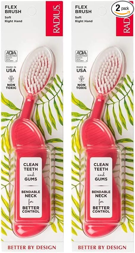 RADIUS Toothbrush, Flex Brush, Soft Bristles, Right Handed, Watermelon Brush with White Bristles, BPA Free & ADA Accepted, Pack of 2