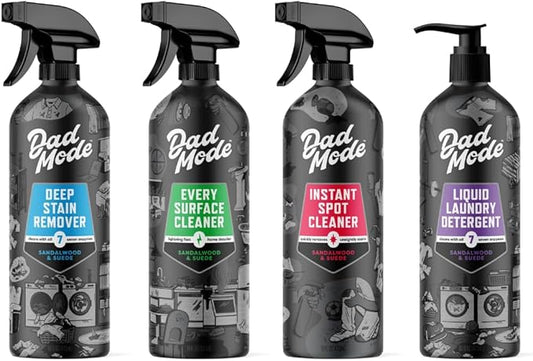 DadMode Maximum Strength Cleaning Set for Busy Families - 7 Enzyme Stain Remover, Surface Cleaner, Laundry Detergent, Carpet Cleaner - Sandalwood & Suede, 64 oz