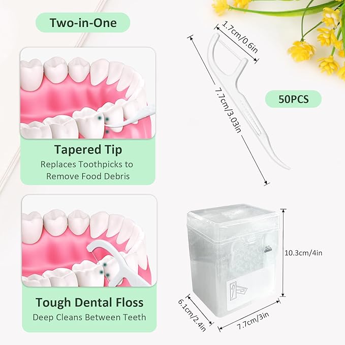 EKIND 50 Count Individually Wrapped Dental Floss Picks Box Smooth Strong Thread Easy Grip Handle for Daily Cleaning Oral Care