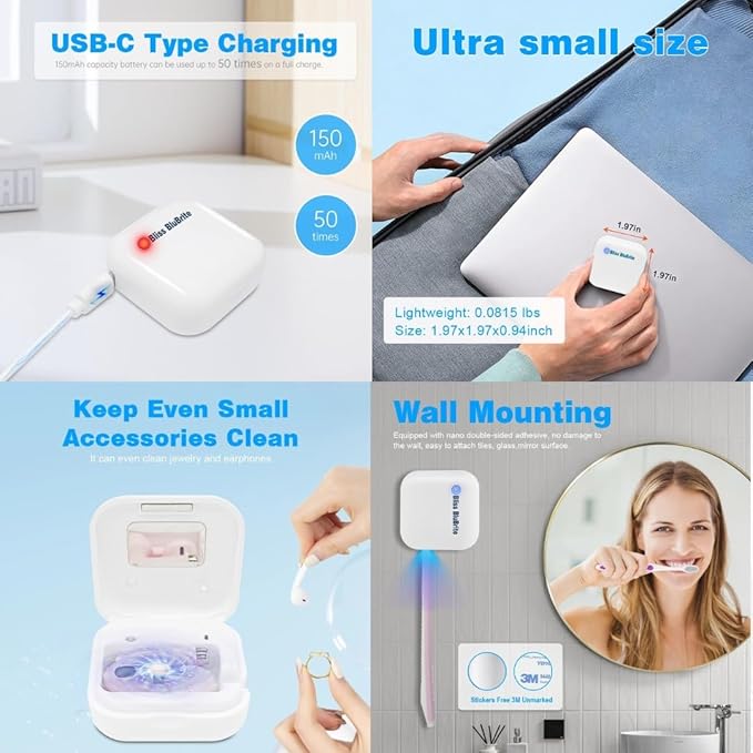 Portable UV-C Toothbrush Sanitizer and Holder – Travel Case for Manual & Electric Toothbrush Heads – UV Light Cleaning Box – USB Rechargeable – Travel-Friendly