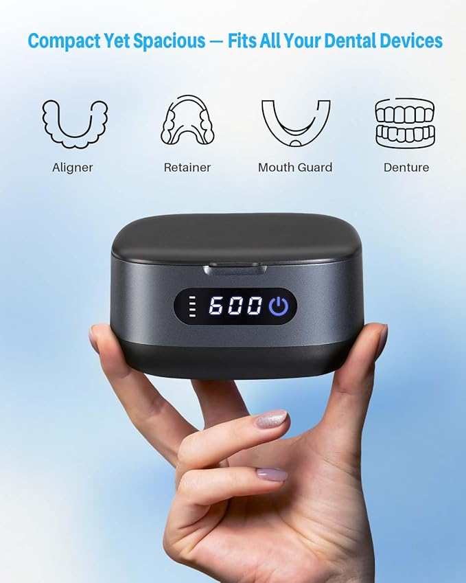 Voraiya 2025 Rechargeable Ultrasonic Retainer Cleaner, Portable Retainer Cleaner Machine, 52kHz Retainer Cleaner for Dentures, Night Guards, Mouth Guards, 166ml Dental Cleaning Pod with Mirror,3 Modes
