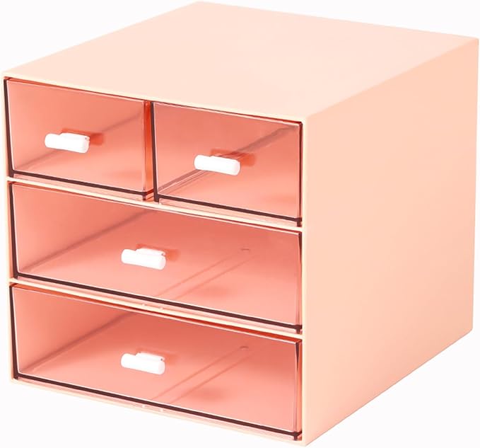 Makeup Organizer with 4 Drawers, Desk Organizer, Cosmetics Storage Box for nail polish, Lipstick, Brushes, Jewelry, Skincare, Bathroom Organization Boxes - Pink