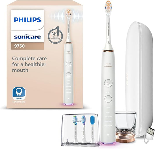 Philips Sonicare DiamondClean Smart 9750 Electric Toothbrush, Sonic Toothbrush with App, Pressure Sensor, Brush Head Detection, 5 Brushing Modes and 3 Intensity Levels, Rosegold, HX9924/67