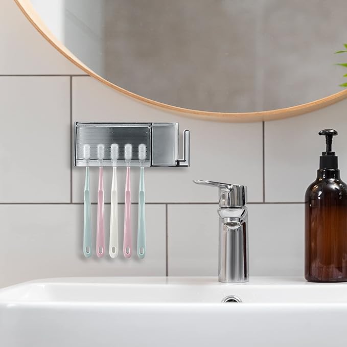 5 Slots Wall Mount Toothbrush Holder with Cover, Self Adhesive Toothbrush Storage Organizer for Shower, Toothpaste & Toothbrush Hanger for Bathroom, Medicine Cabinet, Dorm (Gray)