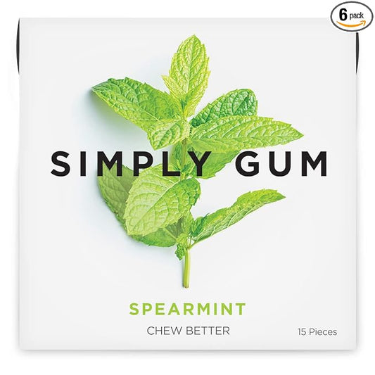 SIMPLY Gum Spearmint, Plastic-Free Natural Chewing Gum, 6 Pack (90 Pieces) | Vegan, Kosher, Non GMO, Aspartame Free and Sorbitol Free