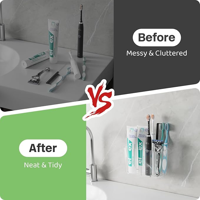 Toothbrush Holder for Bathroom Countertop and Wall with Adhesive, 5 Slots Family Size Electric Tooth Brush and Paste Holder, Kids Tooth Rush Holders and Toothpaste Organizer (Clear)