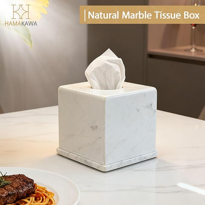 Natural Marble Tissue Box Cover, Volakas White Tissue Organizer 6 x 6 x 5.7 inch, Heavy Stone Decorative Box, Square Tissue Box Holder for Home Decor, Kitchen, Bathroom, Bedroom