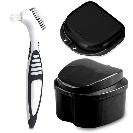 Denture Bath Case Cup with Denture Cleaner Brush & Retainer Holder Box, Complete Clean Care for Dentures, Clear Braces, Mouth Guard, Night Guard & Retainers,Traveling (Black)