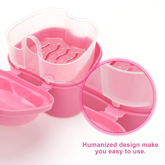 Denture Case, Denture Cup with Strainer, Coolrunner Denture Bath Box False Teeth Storage Box with Basket Net Container Holder for Travel, Retainer Cleaning(Pink）