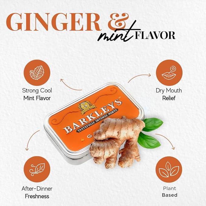 Barkleys Ginger Breath Mints - Strong Ginger Flavor Cool Mint Candy For Party, After Dinner, Wedding, Every Day Use - Vegan Breath Mints In Reusable Classic Travel Tins, 6 Pack - 50 Count Each