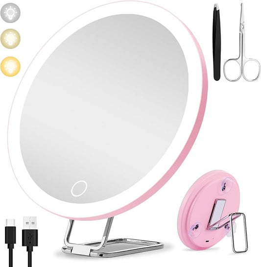 20X Magnifying Mirror with Light, Large 6inch Lighted Magnified Mirror 20x with 3 Suction Cups and 360° Table Stand, Rechargeable 3 Colors Dimming Vanity Makeup Mirror with Tweezers & Scissors
