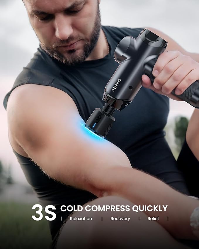 RENPHO Massage Gun Deep Tissue, Percussion Muscle Massage Gun for Athletes, Powerful Portable Electric Handheld Massager Gun with Charging Stand, LED Touch Display (Power+ THERMACOOL Deluxe)