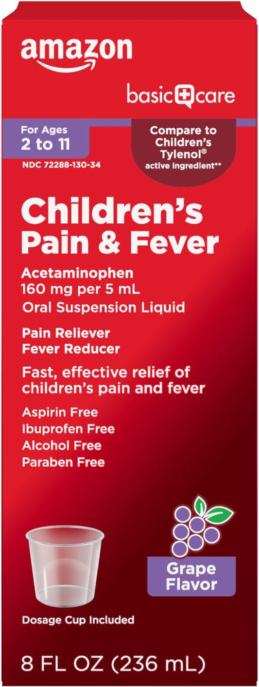 Amazon Basic Care Children's Pain and Fever, Acetaminophen 160 mg per 5 mL Oral Suspension, Grape Flavor, 8 fl oz