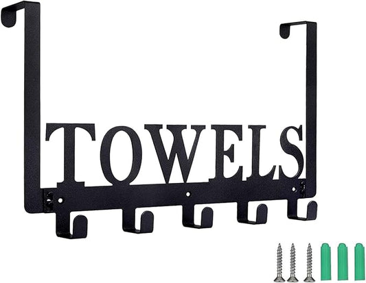 Over The Door Hooks, Towel Rack for Bathroom Towel Holder for Hanging Heavy Duty,Towel Hanger with 5 Hooks for Bedroom Bathroom Kitchen, Black