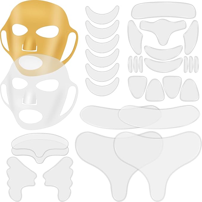 Maitys 32 Pcs Facial Chest Neck Silicone Pad Reusable Face Forehead Patches Facial Sleeping Mask Cover for Smoothing Chest Neck Forehead Eye Mouth (Gold,Clear)
