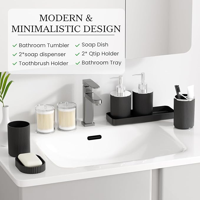 Black Bathroom Accessories Set, 10PC Bathroom Set, Bath Accessory with Pop Up Trash Can, Soap Dispenser, Toilet Brush, Toothbrush Set Qtip Holders & Tray