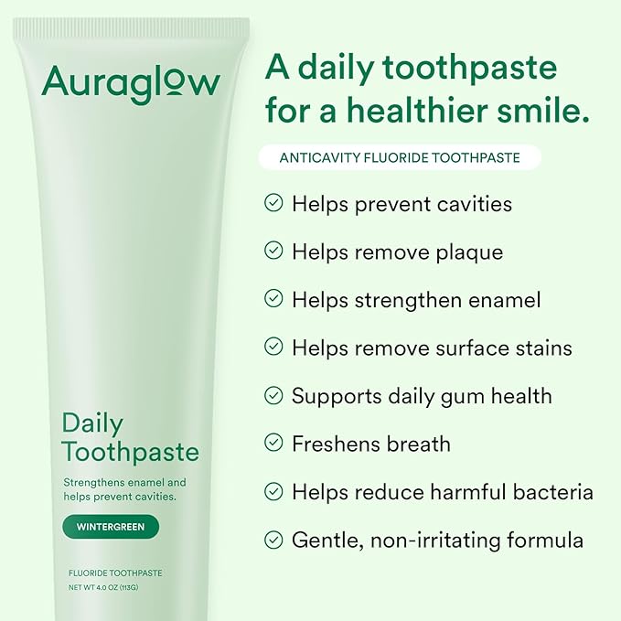 Auraglow Daily Toothpaste, Anticavity Fluoride Toothpaste, Helps Prevent Cavities, Helps Strengthen Enamel, Freshens Breath, for Adults, Kids Oral Care, Wintergreen Flavor, 4 oz (1 Pack)