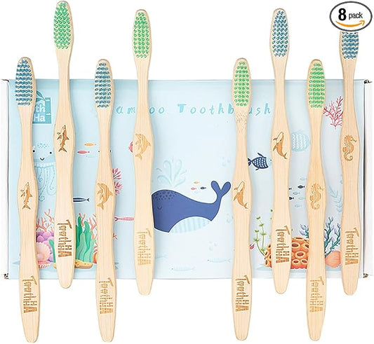 Bamboo Toothbrush Individually Sealed 8 Count, BPA-Free Soft Bristles Toothbrushes for Adults, Eco-Friendly, Natural Wooden Toothbrush