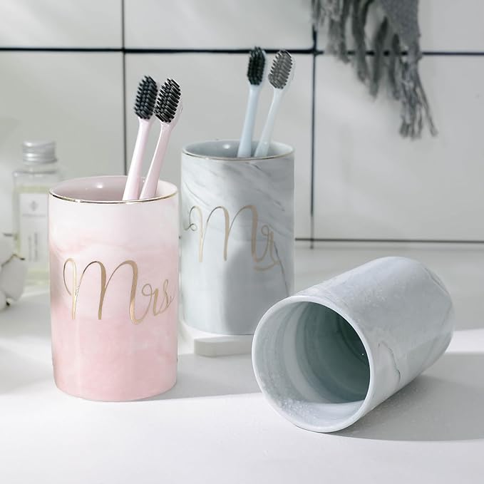 Kelake Ceramic Rustic Pink Marble Bathroom Tumbler Cup for Mouthwash Rinsing Toothbrush and Toothpaste Holder Letters Stand Cups 280 ml Porcelain Milk Drinking Cups for Christmas Birthday