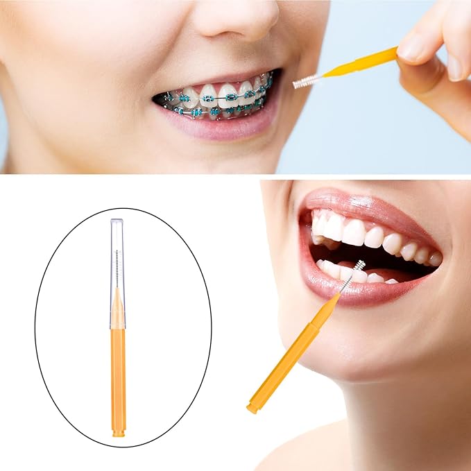Patelai 100 Pieces Braces Brush for Cleaner Interdental Brush Toothpick Dental Tooth Flossing Head Oral Dental Hygiene Flosser Toothpick Cleaners Tooth Cleaning Tool(Orange,Ideal Size)