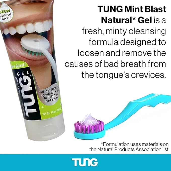 TUNG Tongue Cleaning Kit, TUNG Brush and Natural Mint Blast Gel, Bad Breath Odor Eliminator, Halitosis Defense, USA Made (Set of 1)