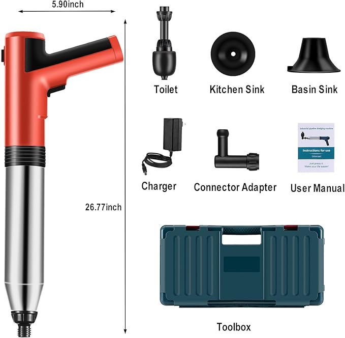 Electric Toilet Plunger ，Hair Drain Clog Remover,High Pressure Air Toilet Plungers, Heavy Duty Plunger For Toilet,Drain,Bathroom,Floor Drain,Sewer,Pipe，built-in battery,RED