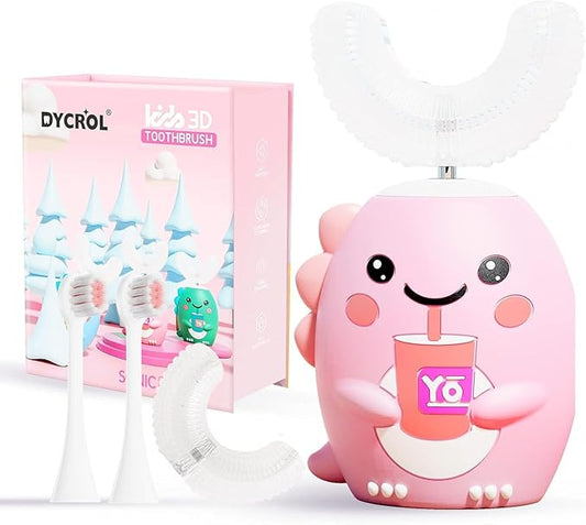 Kids U Shaped Electric Toothbrush with 4 Brush Heads, Sonic Toothbrush Kids with 5 Modes, Cartoon Dinosaur 360-Degree Cleaning IPX7 Waterproof Design (2-6 Age (Pink))