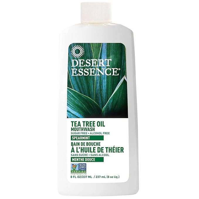 Desert Essence Alcohol-Free Mouthwash with Tea Tree Oil and Aloe, Sugar-Free, Oral Rinse to Provide Botanical Care for Teeth & Gums, Vegan, Non-GMO, SLS-Free, Gluten-Free, Spearmint Flavor, 8oz