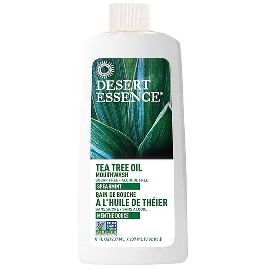 Desert Essence Alcohol-Free Mouthwash with Tea Tree Oil and Aloe, Sugar-Free, Oral Rinse to Provide Botanical Care for Teeth & Gums, Vegan, Non-GMO, SLS-Free, Gluten-Free, Spearmint Flavor, 8oz
