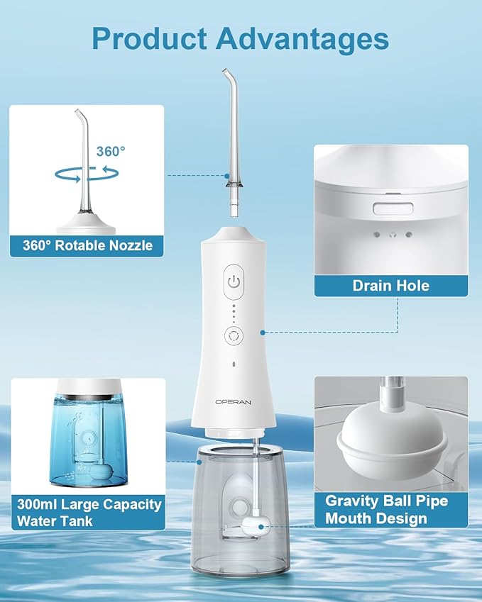 Operan Water Flosser for Teeth Cleaning Upgraded 300ml Cordless Water Dental Flossers Rechargeable Oral Irrigator with 4 Modes 4 Jet Tips IPX7 Waterproof Water Floss for Home Travel (White)+1Pack