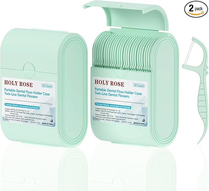 Holy Rose Dental Floss Case with Twin Line Flosser 104 Count-Green, Travel Dispenser for Floss Picks and Toothpick, Mint Flavored, Portable Flossers is Oral Care Tool for Teeth