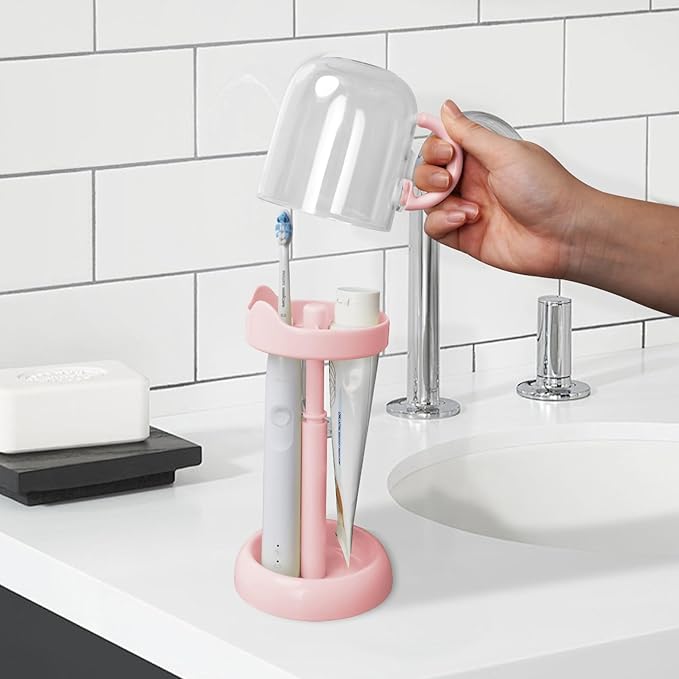 Adjustable Toothbrush Holders for Bathrooms, Plastic Tooth Brush Holder with Cover, Toothbrush and Toothpaste Storage Organizer for Dormitory Countertop (Pink)