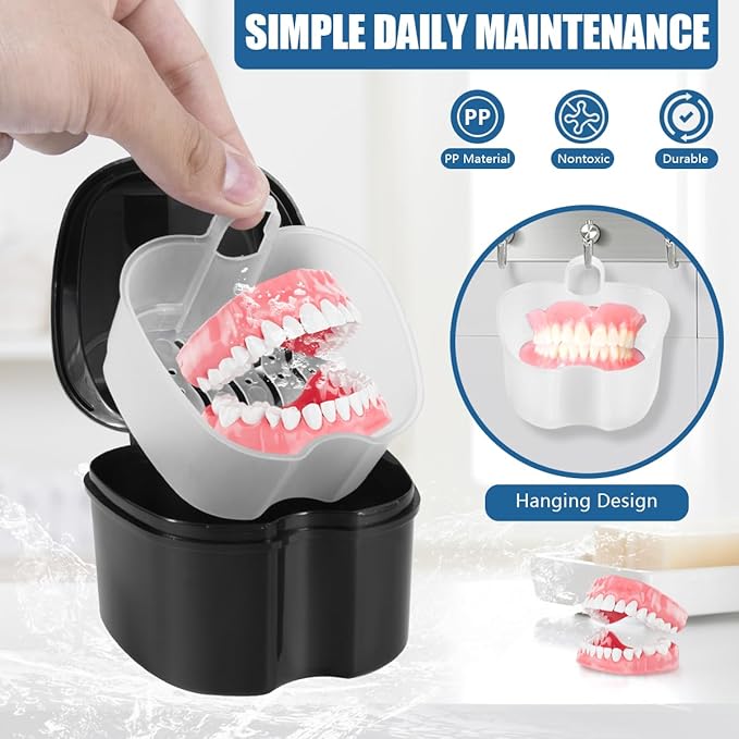Black Denture Bath Case Cup Box Holder Storage Container with Denture Cleaner Brush Strainer Basket for Travel Cleaning